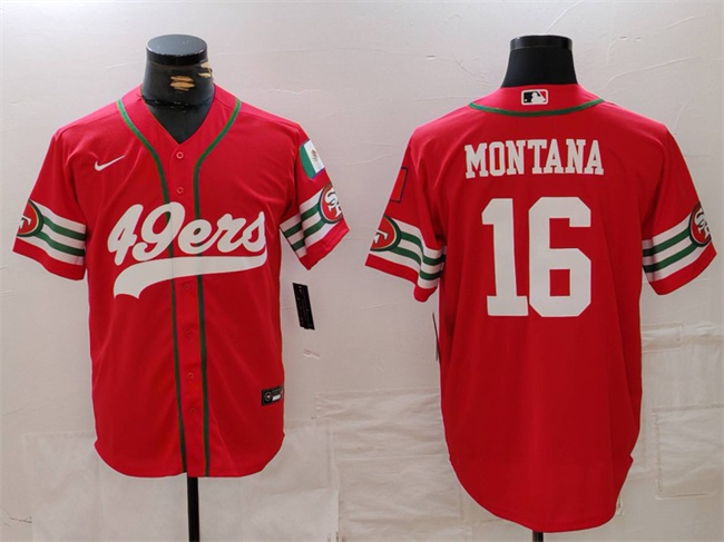 Men's San Francisco 49ers #16 Joe Montana Red With Patch Cool Base Stitched Baseball Jersey